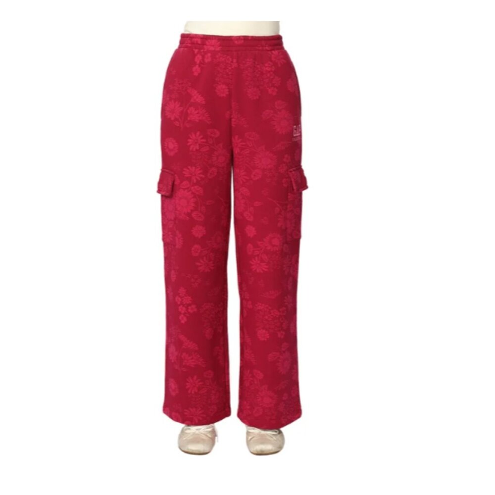 Gap Girls Sweatpants Red Floral Fleece Jogger Cargo Pockets Wide Leg L(14/16) - Picture 2 of 7